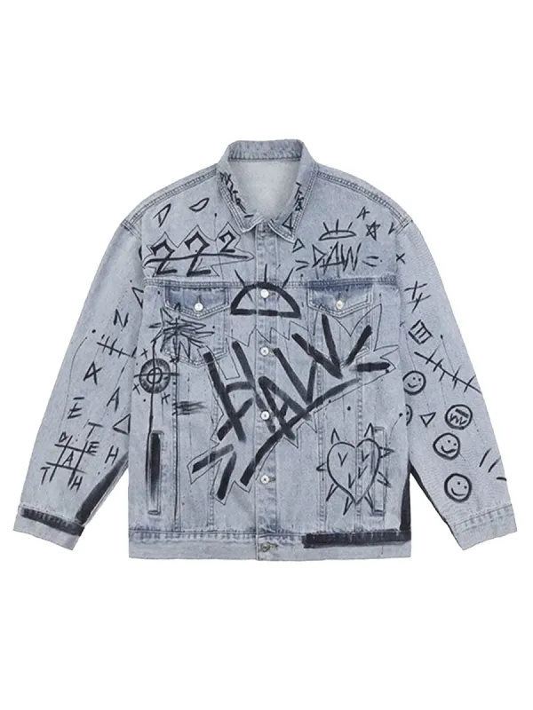 Retro Hand-painted Washed Graffiti Denim Jacket sold by Thesupermade