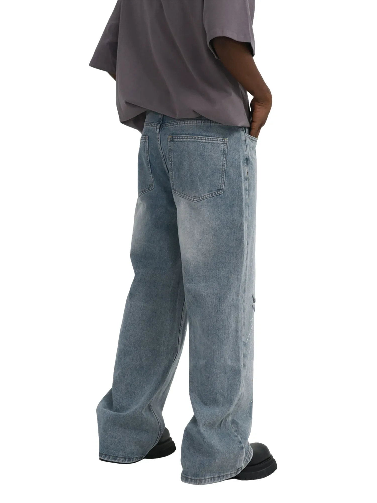 Thesupermade Hip-Hop Shining Cross Hot Diamond Distressed Washed Baggy Jeans sold by Thesupermade product image thumbnail 5