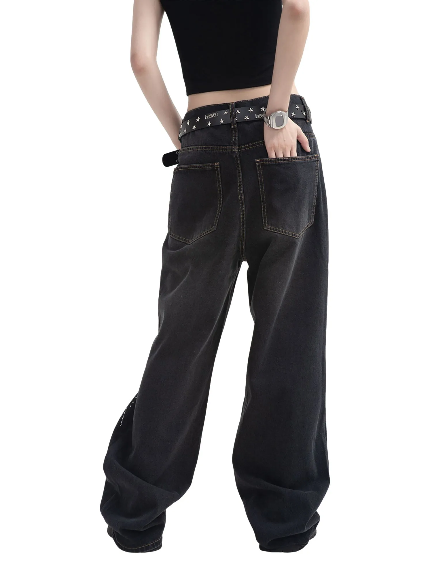 Thesupermade Hip-Hop Shining Cross Hot Diamond Distressed Washed Baggy Jeans sold by Thesupermade product image thumbnail 3