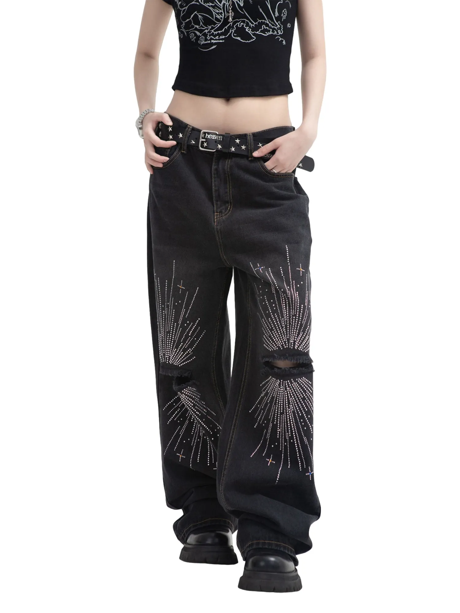 Thesupermade Hip-Hop Shining Cross Hot Diamond Distressed Washed Baggy Jeans sold by Thesupermade product image thumbnail 4