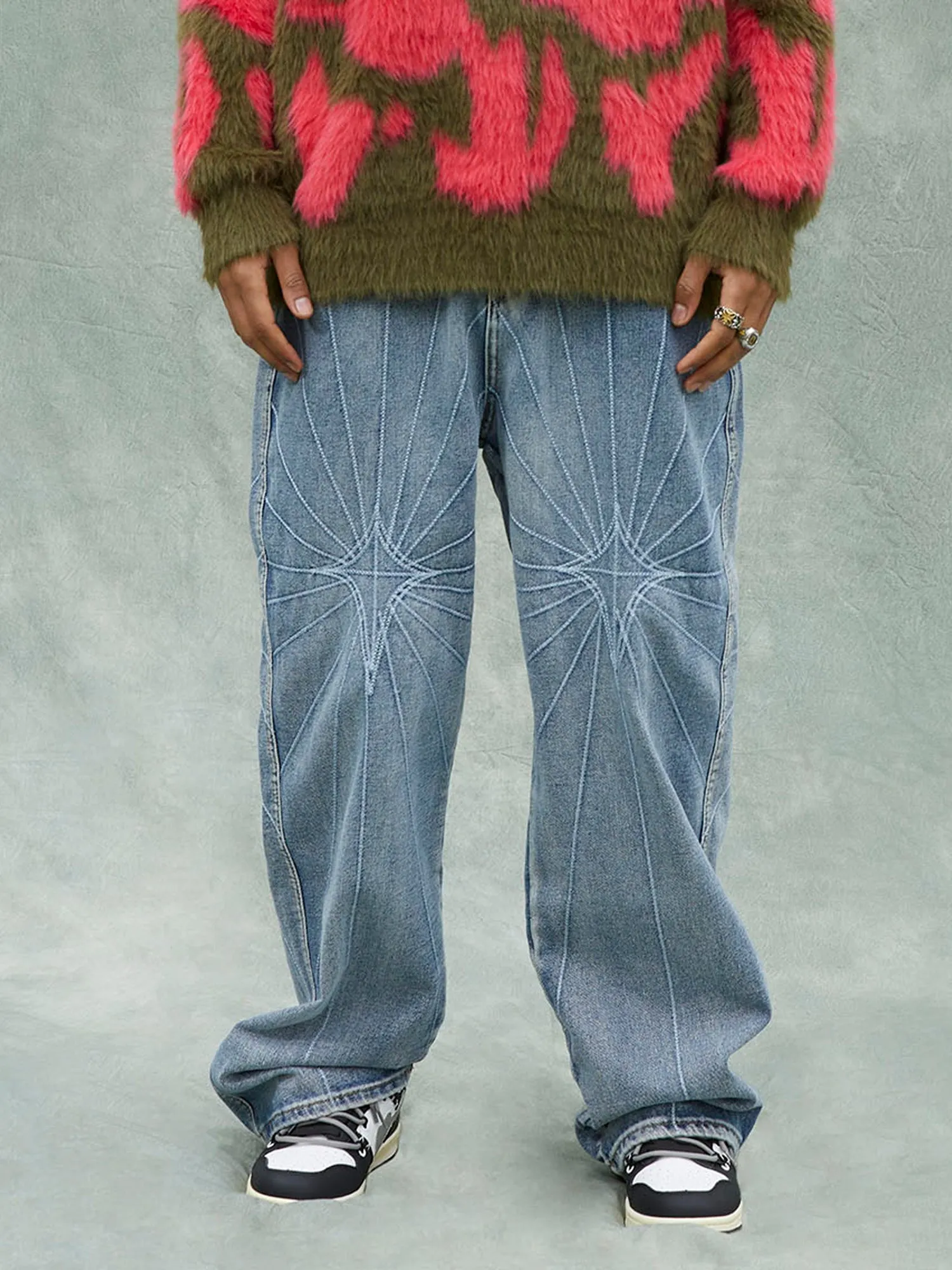 Thesupermade Heavy Spider Web Embroidered Topstitch Jeans sold by Thesupermade