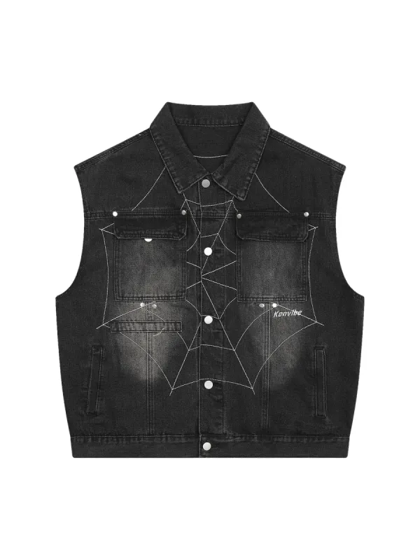 Thesupermade Dark Spider Letter Embroidered Denim Vest Jacket sold by Thesupermade