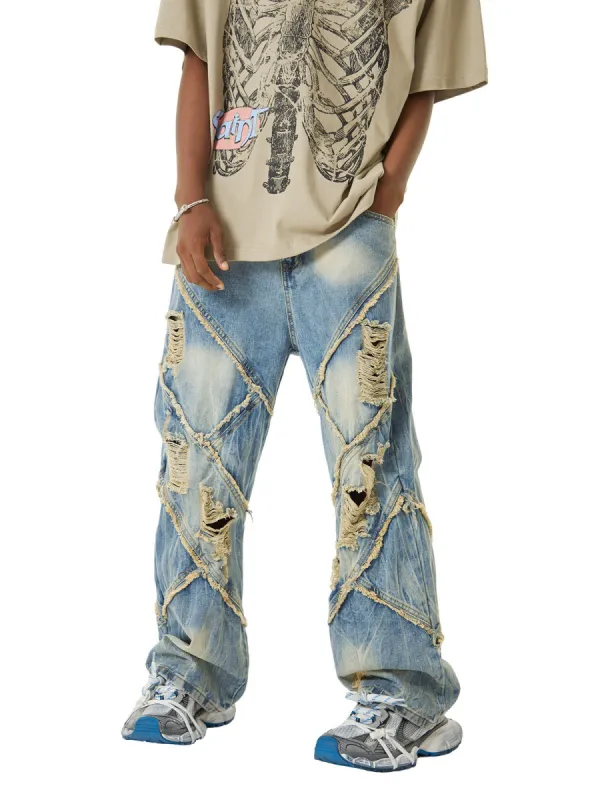 Thesupermade Heavy Washed Ripped Plaid Stitching Hip-Hop Jeans - 2174 sold by Thesupermade
