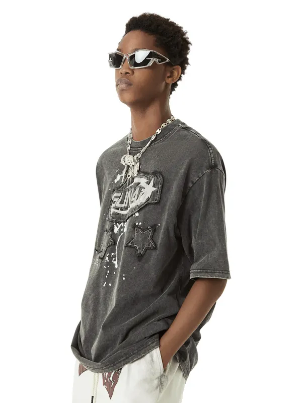 Thesupermade American Retro Patchwork Distressed T-shirt sold by Thesupermade