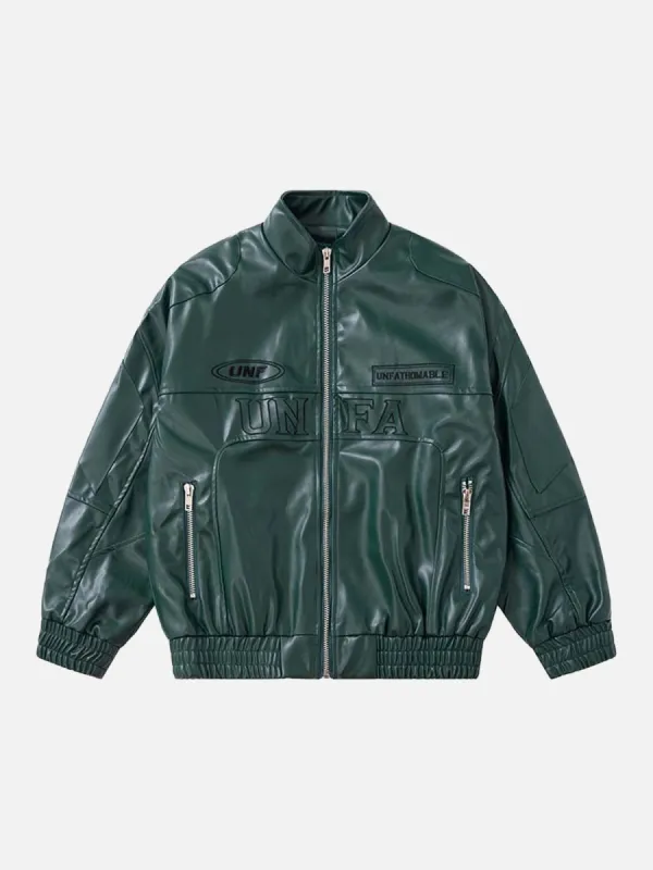 Thesupermade American Style Functional Letter Embroidered Leather Jacket sold by Thesupermade