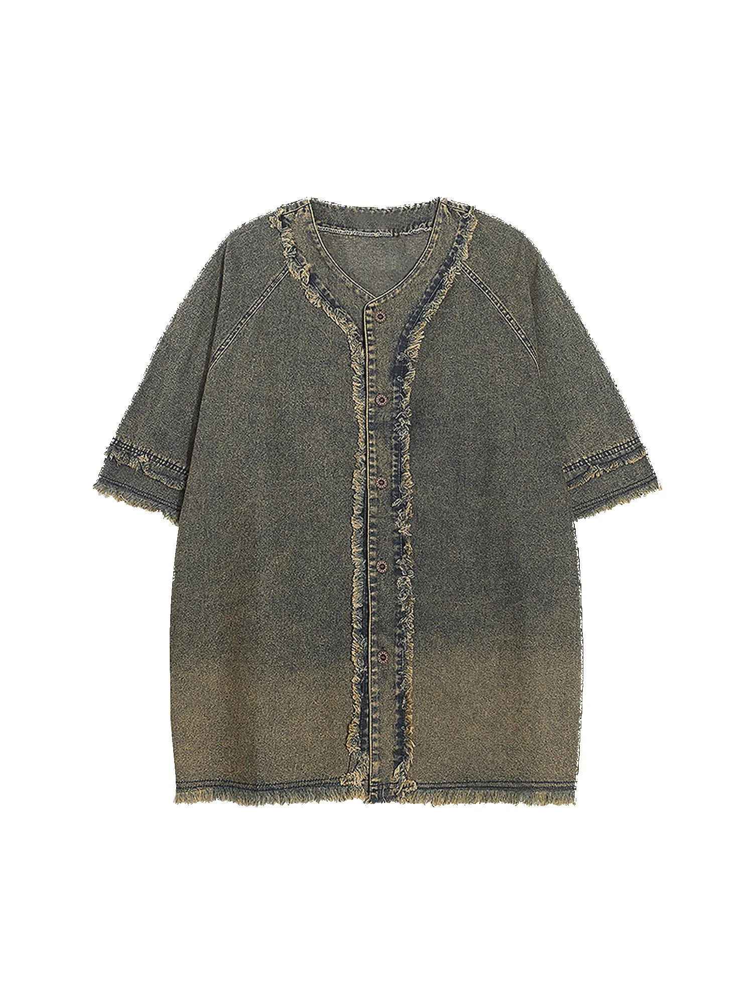 Thesupermade American Heavy Washed Design Raw Edge Denim Shirt sold by Thesupermade