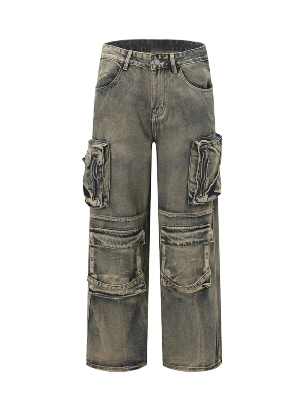 Wasteland Style Multi-pocket Washed Denim Jeans sold by Thesupermade