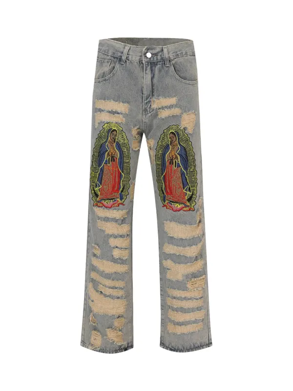 Thesupermade American Street Style Ripped Embroidered Jeans - 1617 sold by Thesupermade