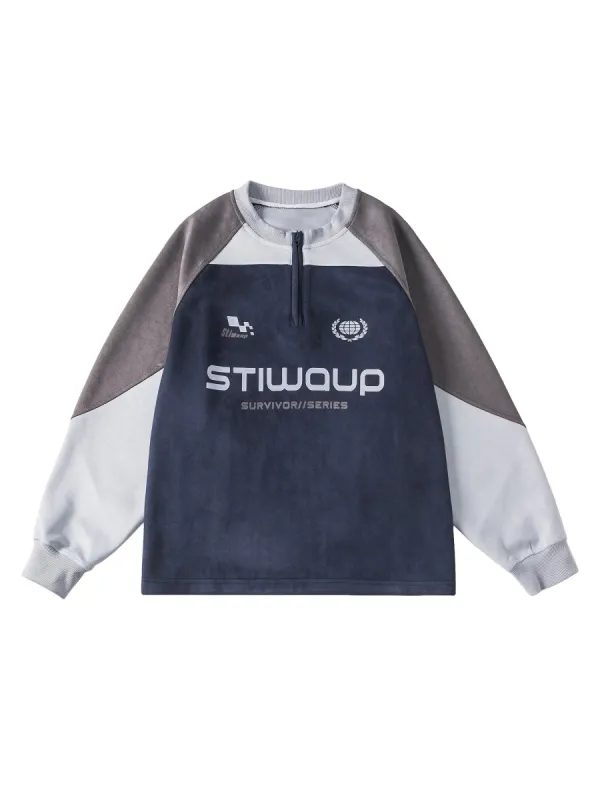 Neckline half-zip stitching suede shoulder-sleeved sweater sold by Thesupermade