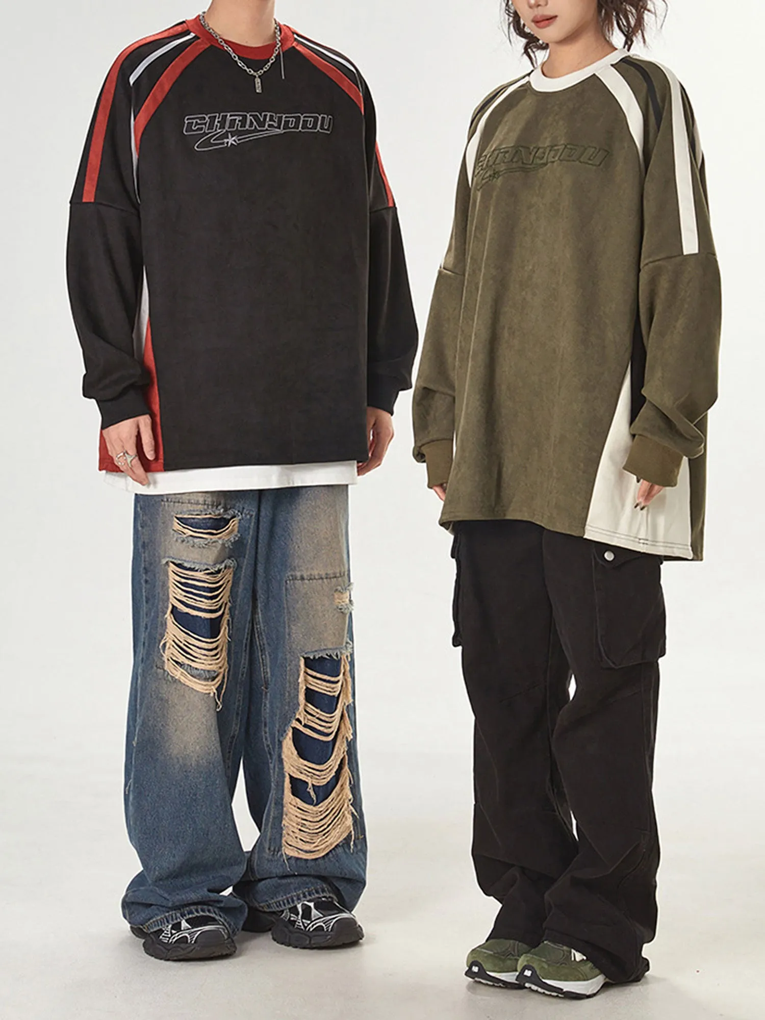 Thesupermade Patchwork Color-Blocked Raglan Embroidered Sweatshirt sold by Thesupermade product image thumbnail 3