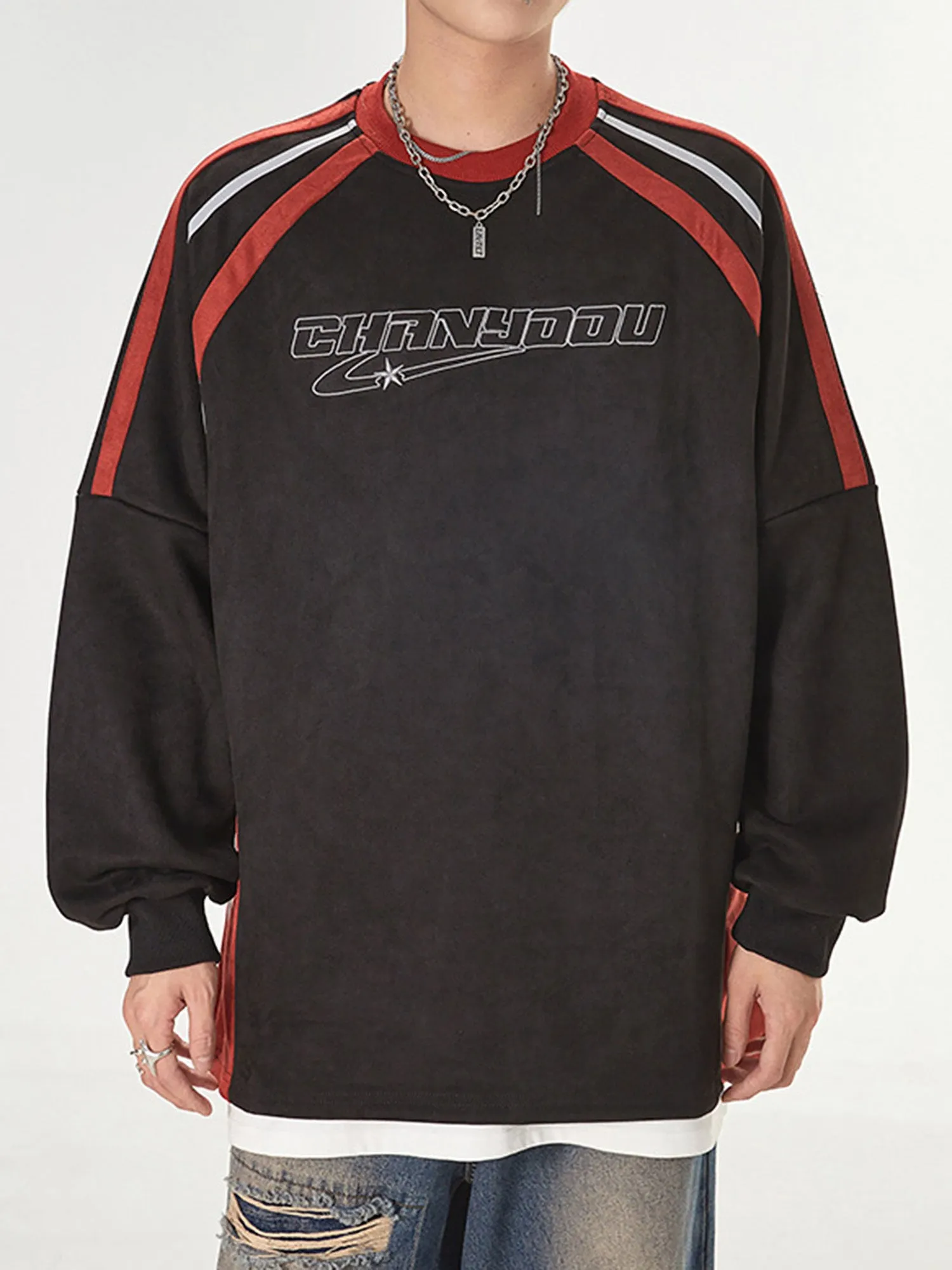 Thesupermade Patchwork Color-Blocked Raglan Embroidered Sweatshirt sold by Thesupermade product image thumbnail 4