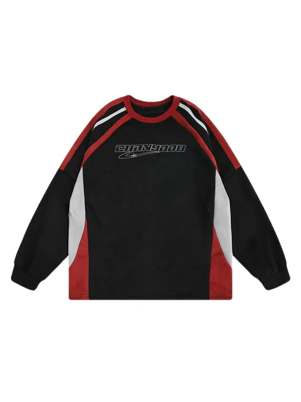 Thesupermade Patchwork Color-Blocked Raglan Embroidered Sweatshirt sold by Thesupermade