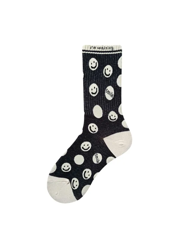The Supermade Thousand Birds Check Smiley Face Mid-calf Cotton Socks sold by Thesupermade