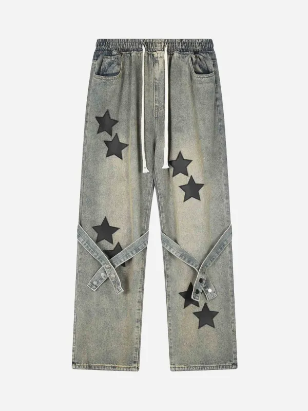 Thesupermade Star Embroidered Flutter Belt Elastic Waist Jeans sold by Thesupermade
