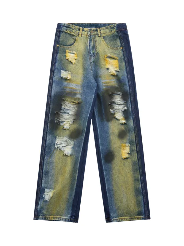 Thesupermade Hip-hop Washed Distressed Loose Spray-dyed Jeans sold by Thesupermade