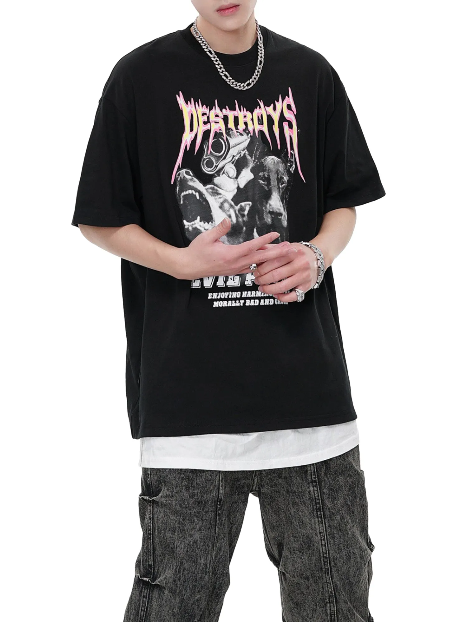 Street Trend Dynamic Flame Letters Street Rap T-shirt sold by Thesupermade product image thumbnail 2