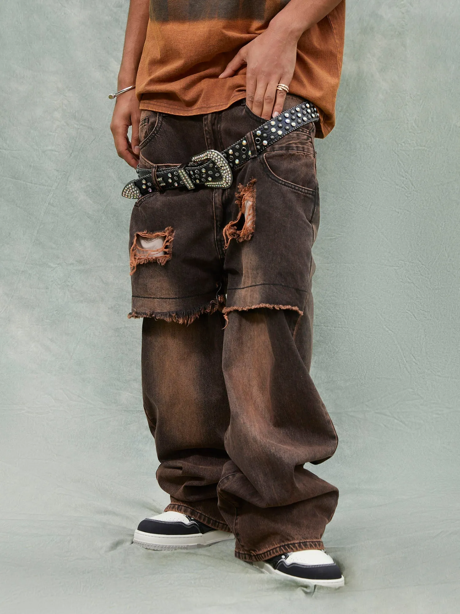 Thesupermade Street Raw Edge Double Platet Design Ripped Jeans - 2000 sold by Thesupermade product image thumbnail 2