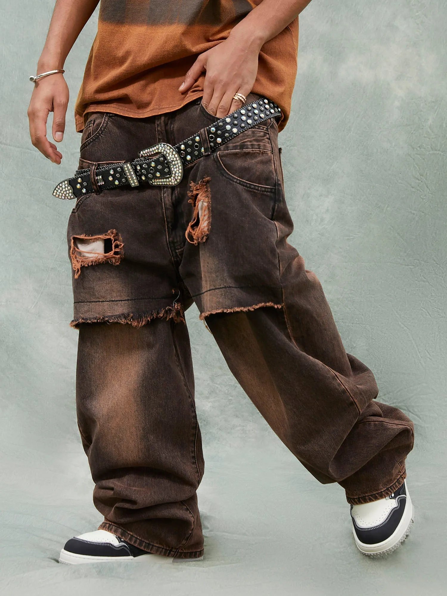 Thesupermade Street Raw Edge Double Platet Design Ripped Jeans - 2000 sold by Thesupermade product image thumbnail 3