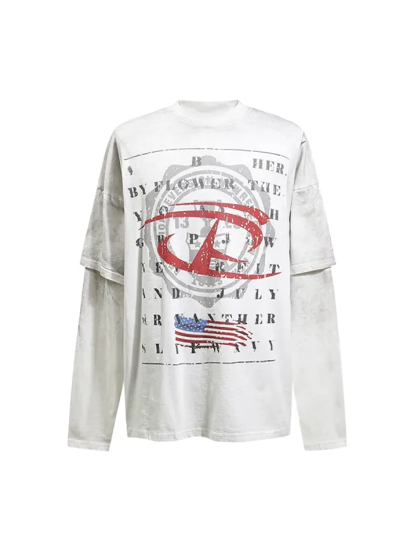 Thesupermade Retro Spray Mock Two-Piece Long Sleeve T-shirt - 2188 sold by Thesupermade