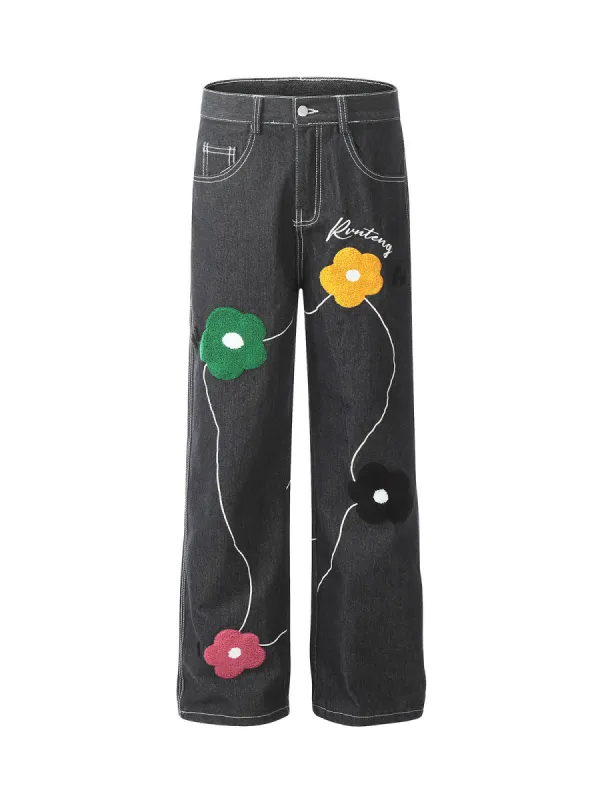 Thesupermade Vintage Floral Embroidery Washed Straight Leg Jeans - 2252 sold by Thesupermade
