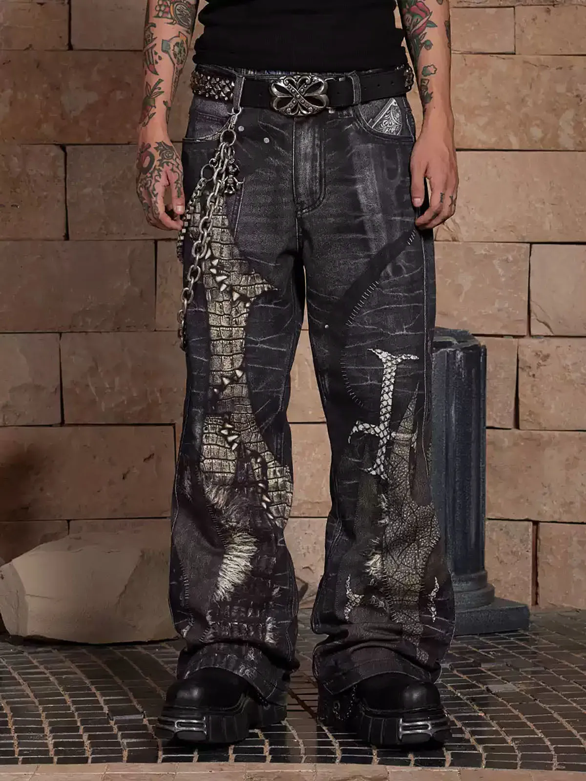 Thesupermade Full Cross Stitching Leather Flare Jeans sold by Thesupermade product image thumbnail 5