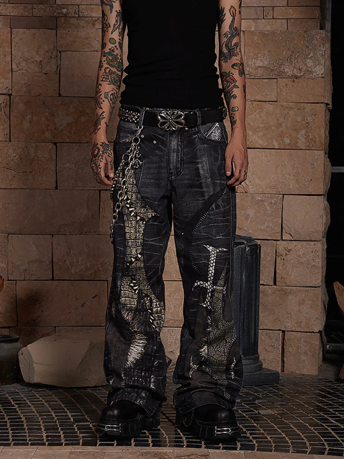 Thesupermade Full Cross Stitching Leather Flare Jeans sold by Thesupermade product image thumbnail 4