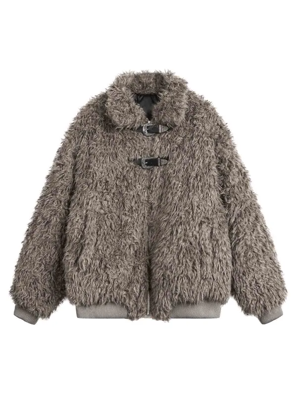 Thesupermade Metal leather button Faux Fur Jacket -2245 sold by Thesupermade