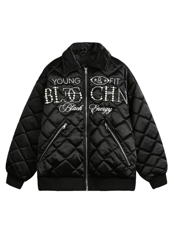 Thesupermade Pearl Letter Diamond Quilted Jacket sold by Thesupermade