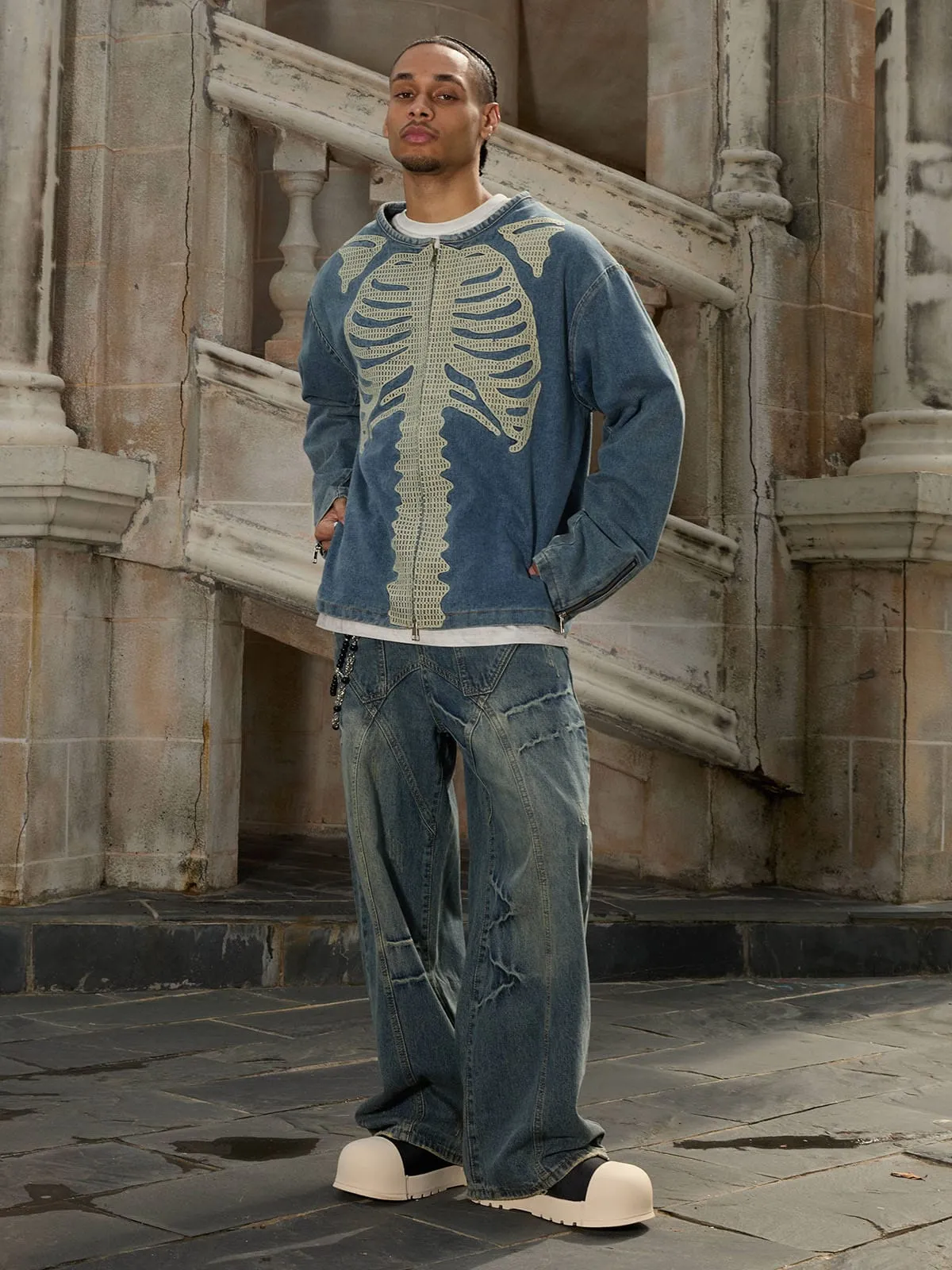 Thesupermade Heavy Bone Embroidered Washed Denim Jacket sold by Thesupermade product image thumbnail 5