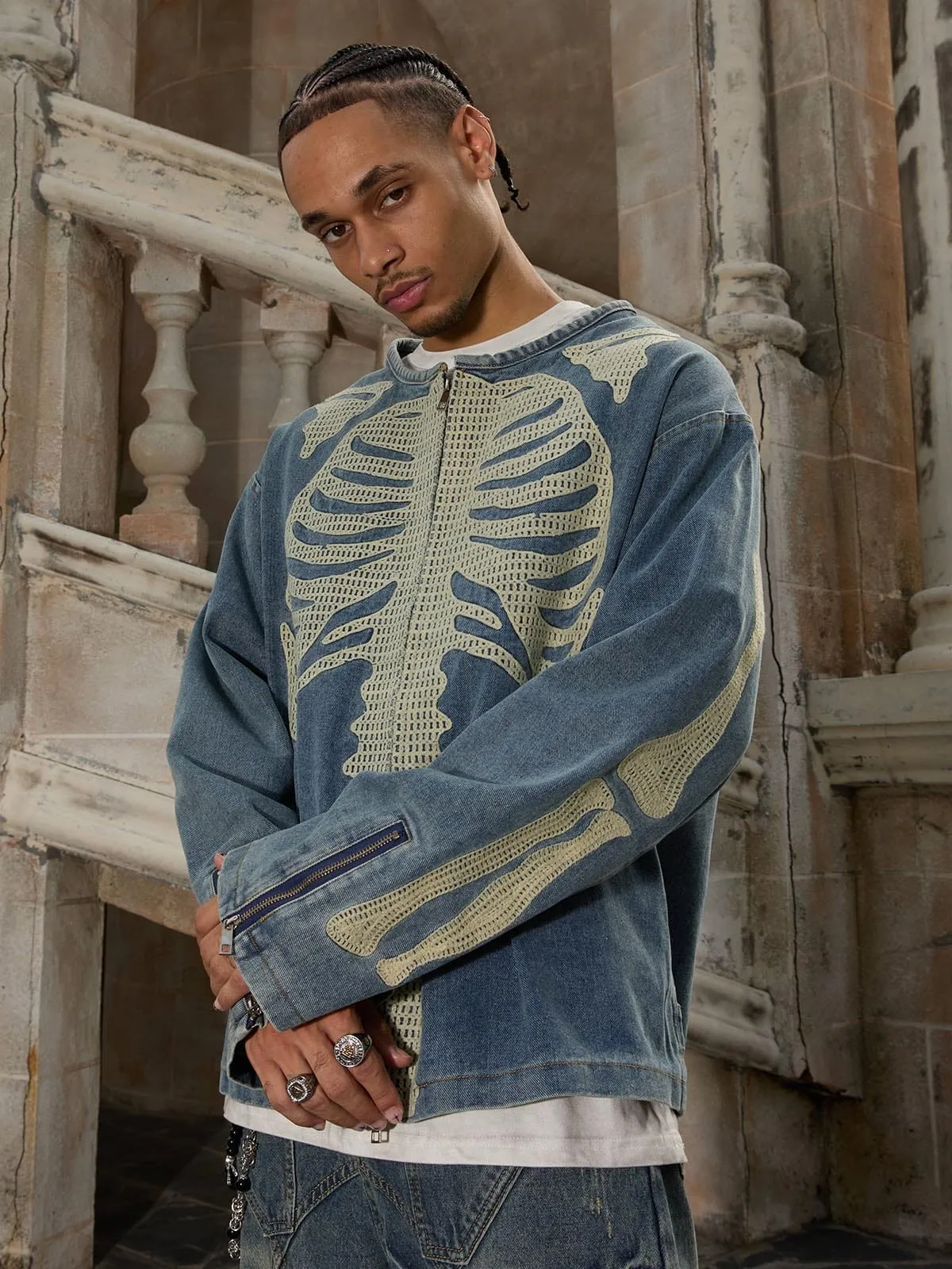 Thesupermade Heavy Bone Embroidered Washed Denim Jacket sold by Thesupermade product image thumbnail 4