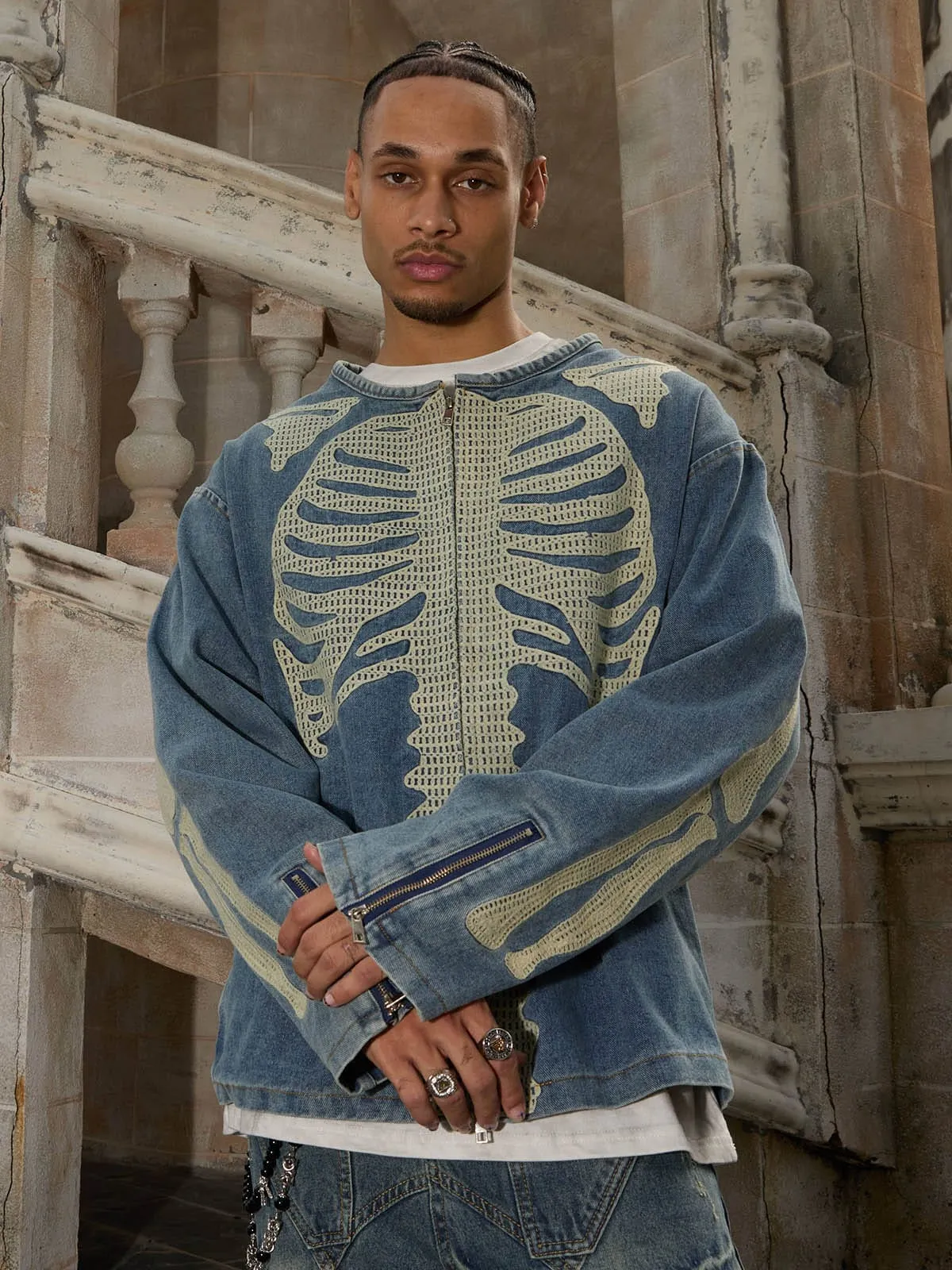 Thesupermade Heavy Bone Embroidered Washed Denim Jacket sold by Thesupermade product image thumbnail 3