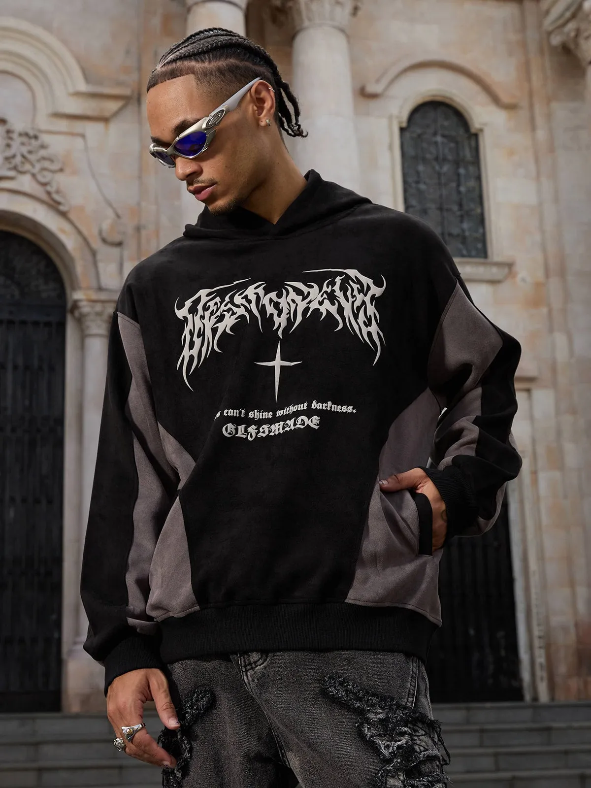 Thesupermade Suede Panel Contrast Color Drop Shoulder Hoodie sold by Thesupermade product image thumbnail 3