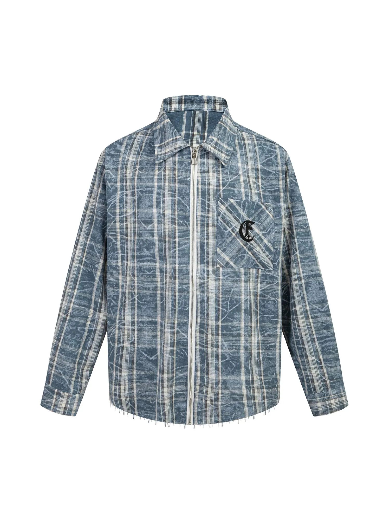 Thesupermade Lettering Print Raw Edge Plaid Shirt sold by Thesupermade