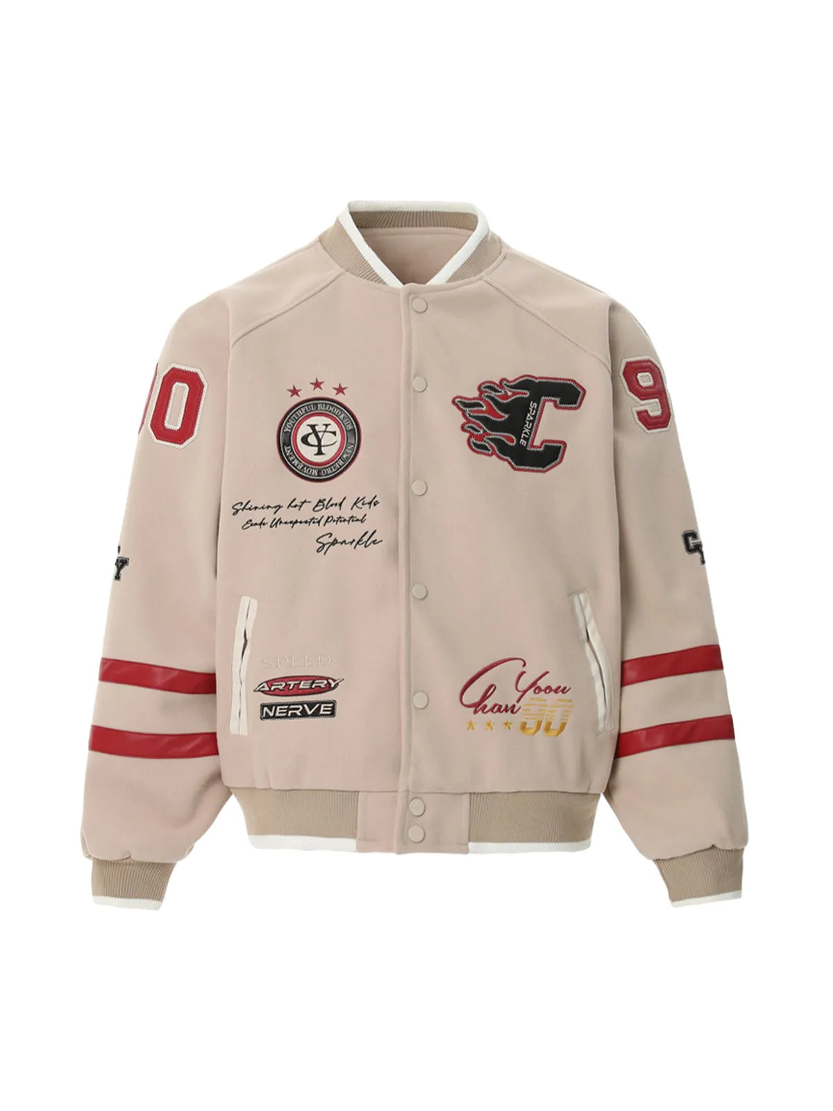 Thesupermade Retro Embroidery Badge Colorblock Bomber Jacket sold by Thesupermade