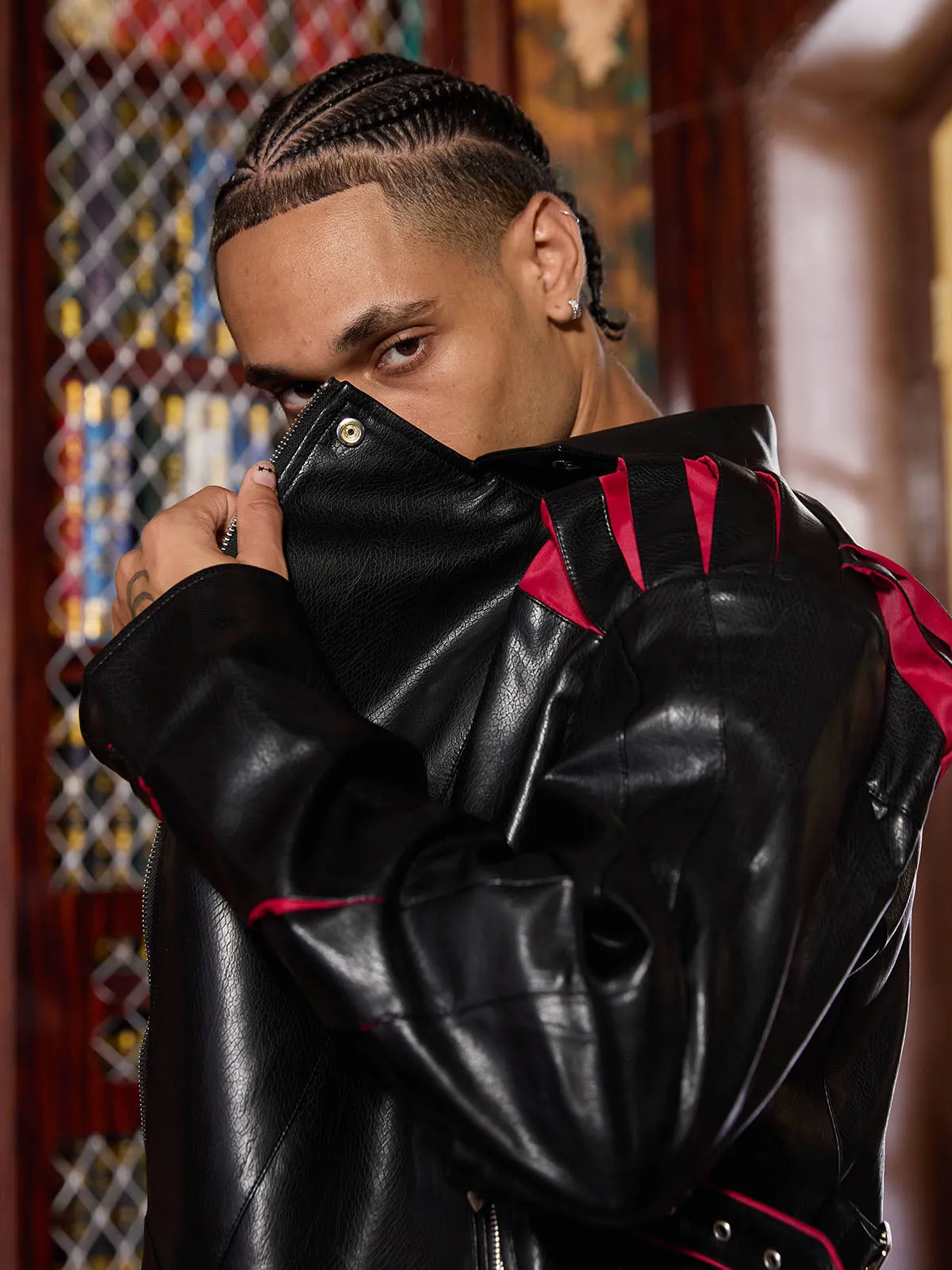 Thesupermade Paneled Spine Pleated Cropped Leather Biker Jacket sold by Thesupermade product image thumbnail 2