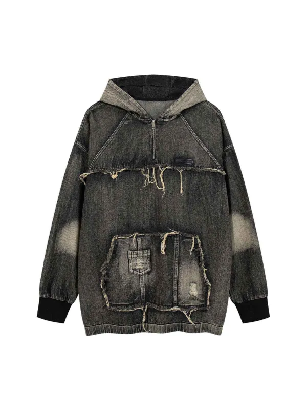 Thesupermade  Raw Edge Multi Pocket Washed Denim Hoodie sold by Thesupermade