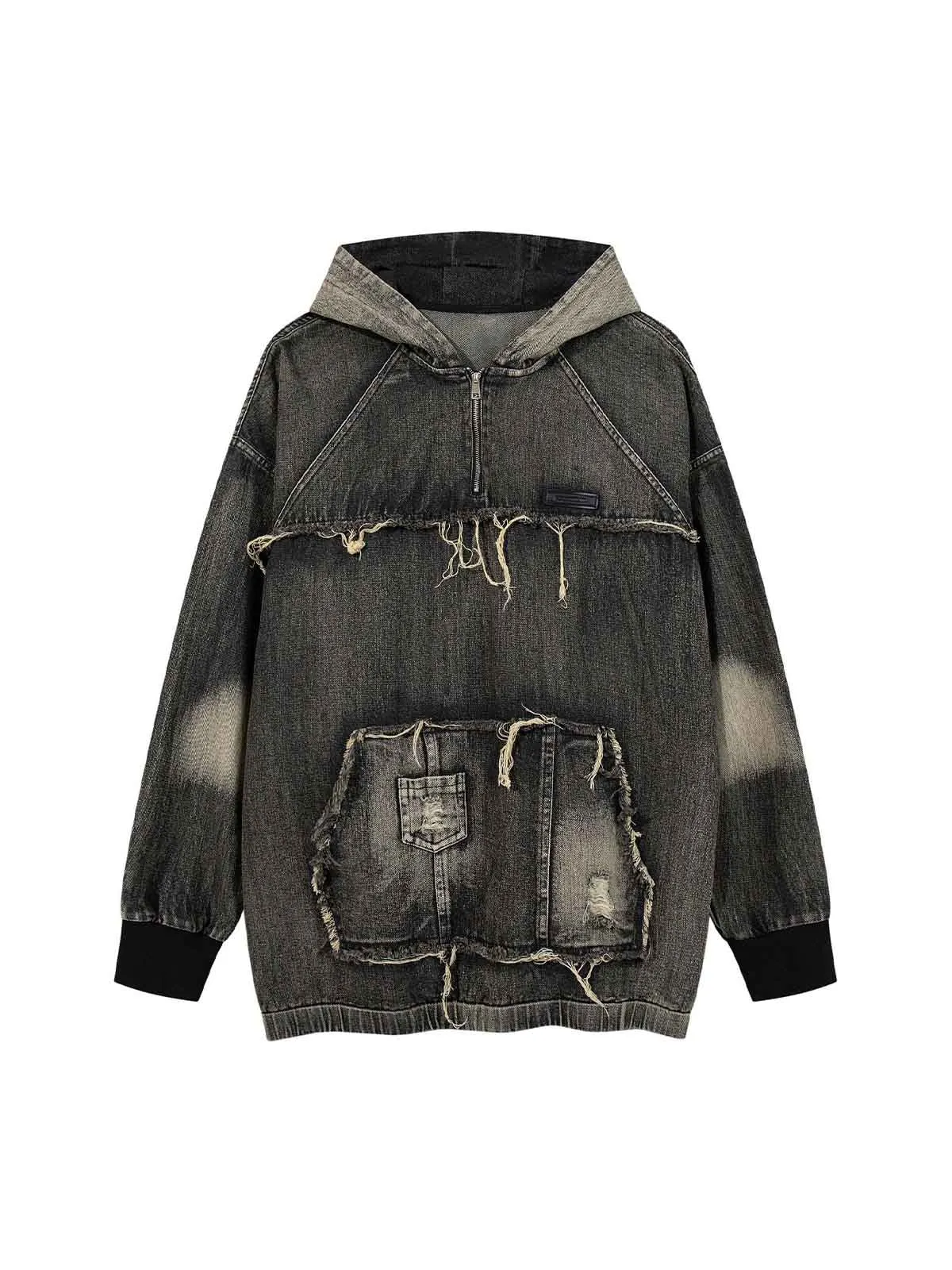 Thesupermade Raw Edge Multi Pocket Washed Denim Hoodie sold by Thesupermade