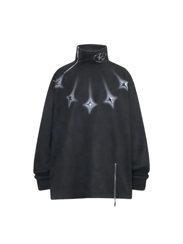 Thesupermade Metal Button Multi Zipper Suede Fleece Sweatshirt sold by Thesupermade