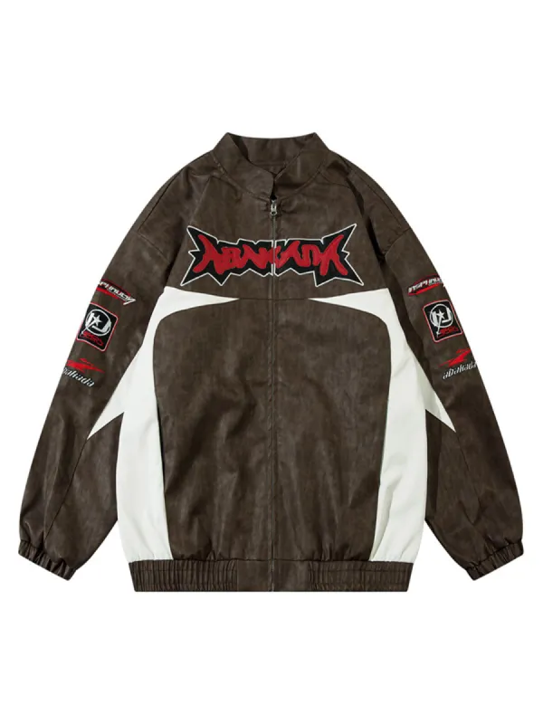Thesupermade Contrast Stitching Motorcycle  PU Leather Jacket sold by Thesupermade