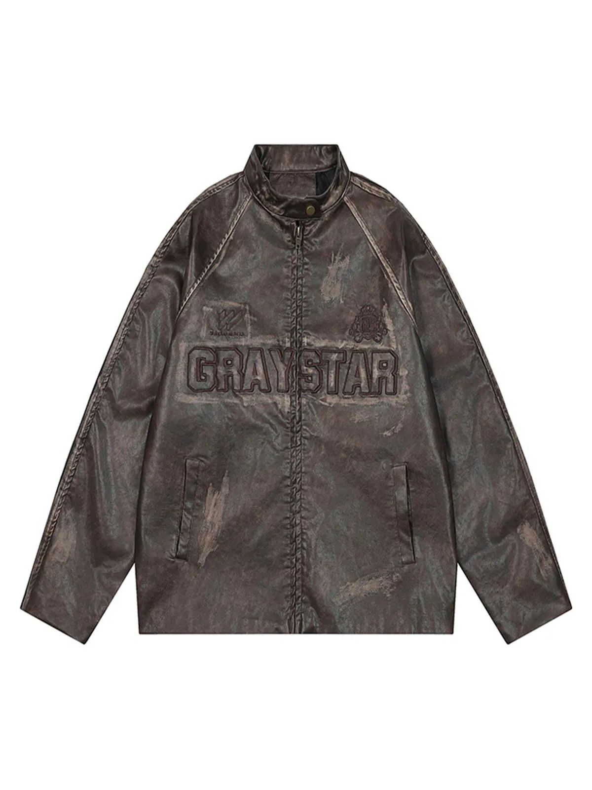 Thesupermade Distressed Letter Embroidery Motorcycle PU Leather Jacket sold by Thesupermade