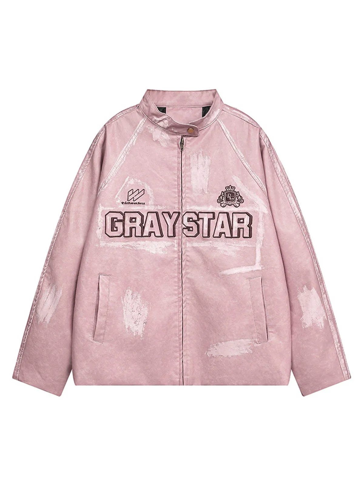 Thesupermade Distressed Letter Embroidery Motorcycle PU Leather Jacket sold by Thesupermade product image thumbnail 2