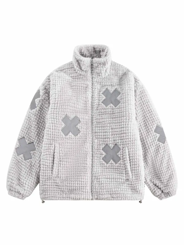 Thesupermade Applique Embroidered Stand Collar Sherpa Jacket sold by Thesupermade