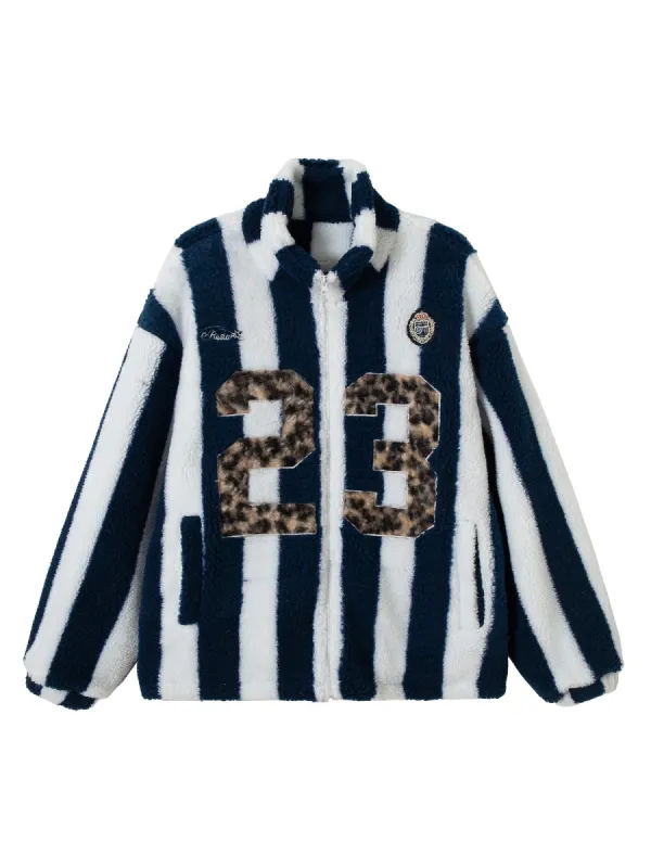 Thesupermade Jersey Embroidered Cheetah Print Striped Sherpa Jacket sold by Thesupermade