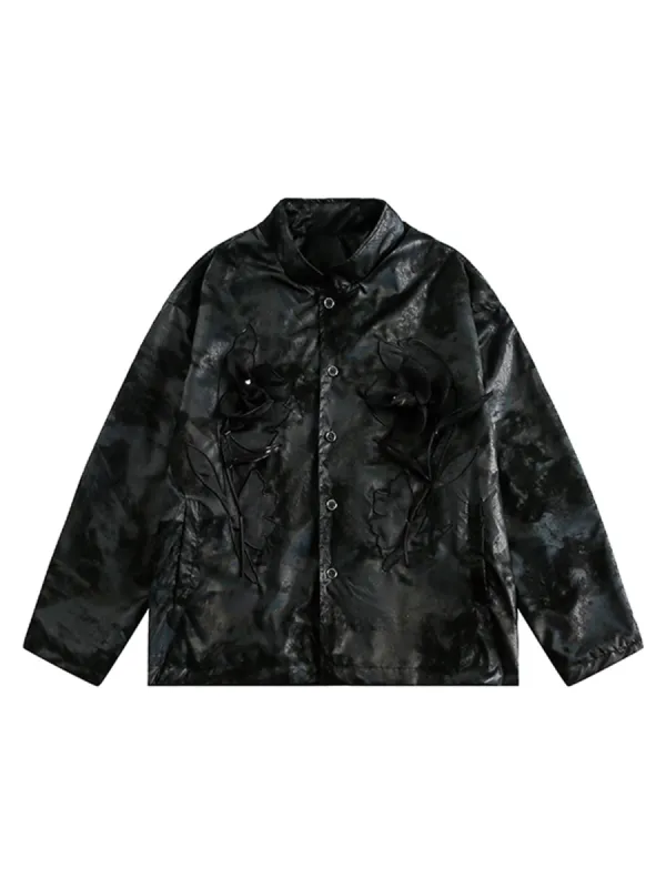 Thesupermade  Floral Stand Collar Leather Jacket sold by Thesupermade