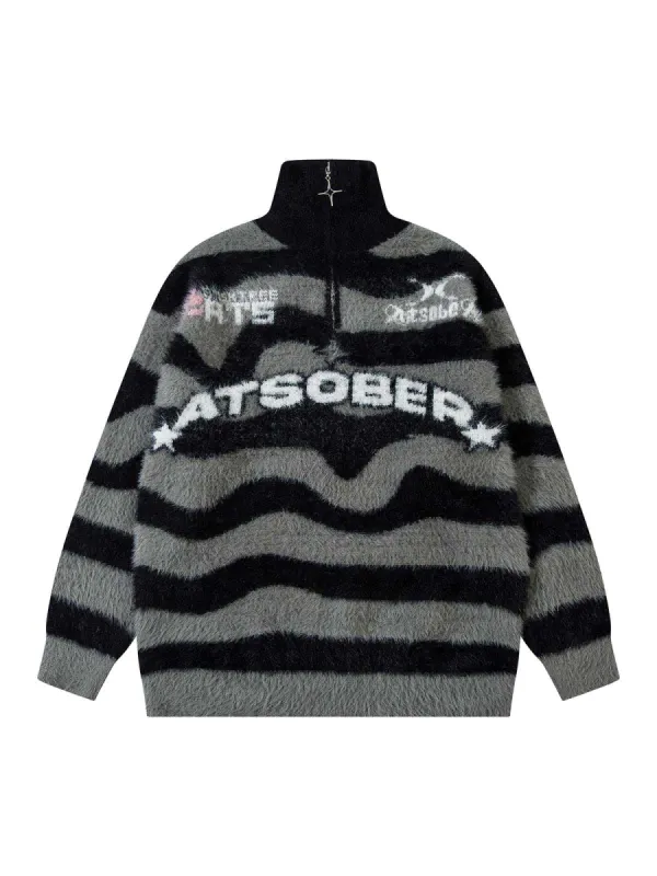 Thesupermade Stand Collar Striped Zip Up Fleece Sweater sold by Thesupermade