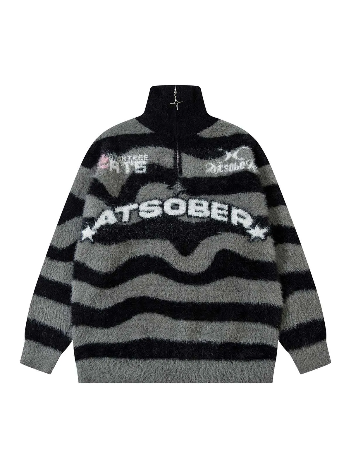 Thesupermade Stand Collar Striped Zip Up Fleece Sweater sold by Thesupermade