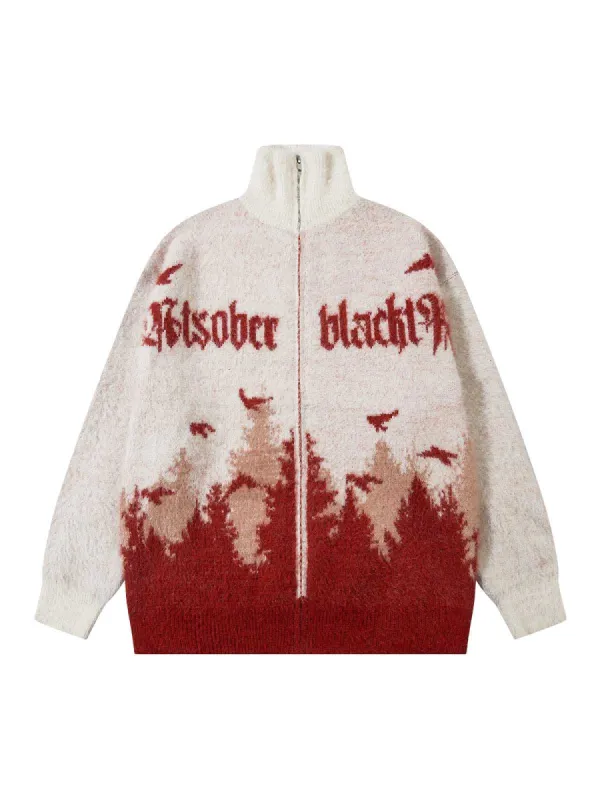 Thesupermade Faux Mink Fur Forest Bird High Collar Zipper Sweater sold by Thesupermade