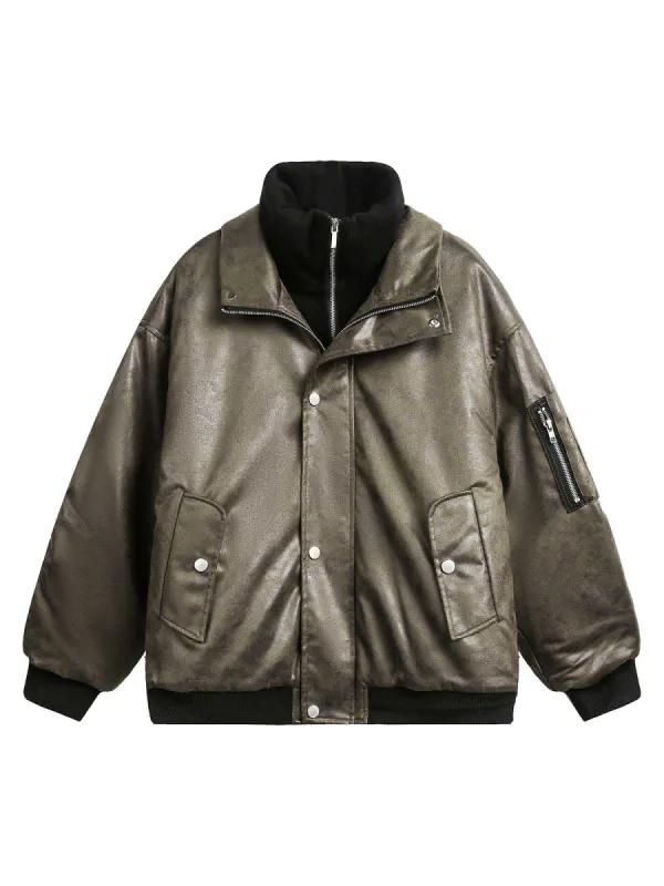 Thesupermade Faux Two-piece PU Leather Quilted Down Jacket sold by Thesupermade