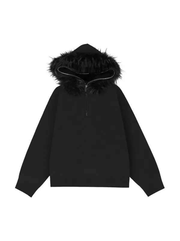 Thesupermade Detachable Fur Collar Quarter Zipper Hooded Sweater sold by Thesupermade