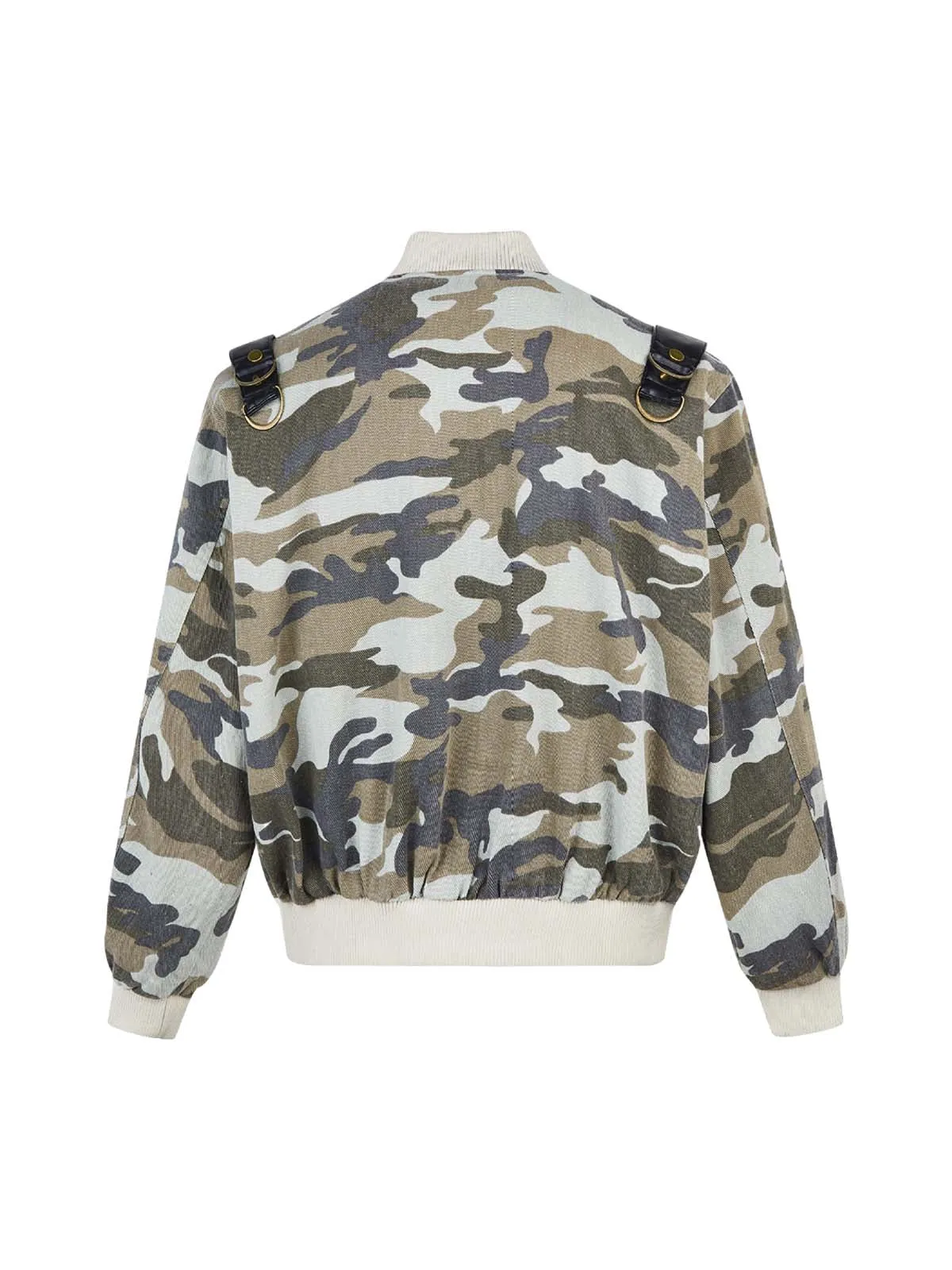 Thesupermade Camouflage Leather Shoulder Pad Denim Bomber Jacket sold by Thesupermade product image thumbnail 3